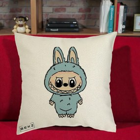 Perna Personalizata Labubu Albastru-Gri Solo, 40x40 cm, Ecru, Husa Detasabila, Perna Inclusa, BEKZ®