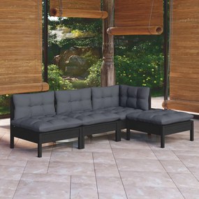 Set mobilier gradina cu perne, 4 piese, negru, lemn de pin Negru, 4