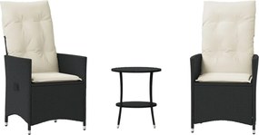 vidaXL Set bistro cu perne, 3 piese, negru, poliratan