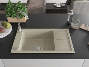 Mexen Elias chiuvetă de bucătărie din granit cu 1 compartiment și scurgător 795 x 480 mm, bej, sifon cromat - 6511791005-69