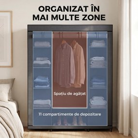 HOMCOM Dulap textil pentru economisirea spațiului, cu bară pentru umerașe și 11 rafturi, 135x45x175 cm, gri, pentru dormitor | Aosom Romania