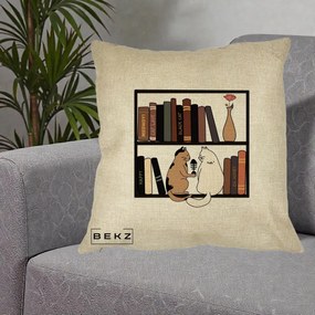 Perna Personalizata Pisici si Carti pe Raft, 40x40 cm, Crem, Husa Detasabila, Perna Inclusa, BEKZ®