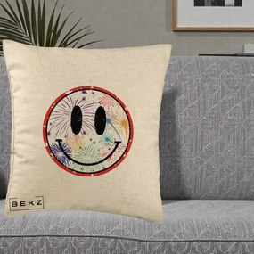 Perna Decorativa Smiley Face cu Artificii Multicolore, 40x40 cm, Bej, Husa Detasabila, Perna Inclusa, BEKZ®