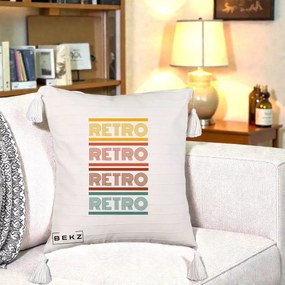 Perna Decorativa RETRO Text Multicolor, 40x40 cm, Bej cu Franjuri, Husa Detasabila, Perna Inclusa, BEKZ®