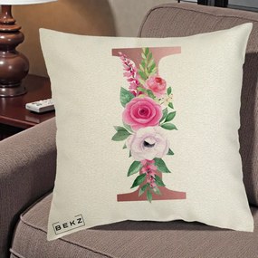 Cadou Personalizat - Perna Personalizata Monograma Rose Gold Litera I, 40x40 cm, Ecru, Husa Detasabila, Perna Inclusa, BEKZ®