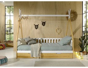 Pat pentru copii în culoare naturală de tip casă din lemn masiv de pin cu spațiu de depozitare 90x200 cm TIPI – Vipack