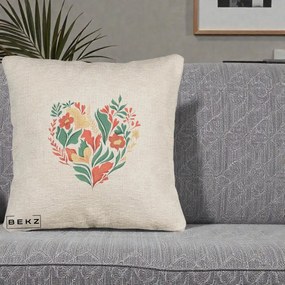 Perna Decorativa Inima Florala Botanica, 40x40 cm, Bej Canapea, Husa Detasabila, Perna Inclusa, BEKZ®