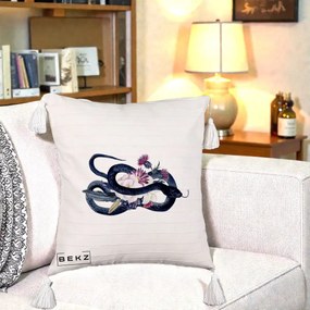 Perna Decorativa Sarpe Negru cu Flori Gothic, 40x40 cm, Bej cu Franjuri, Husa Detasabila, Perna Inclusa, BEKZ®