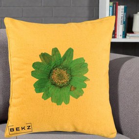 Perna Decorativa Floare Gerbera Teal Acuarela, 40x40 cm, Galben, Husa Detasabila, Perna Inclusa, BEKZ®