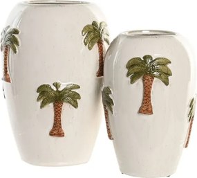 Vază decorativă tropical pictată manual alb cu accente maro și verde din ceramică , "Palmira"