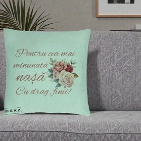 Cadou pentru Nasa - Perna Personalizata Pentru Cea mai Minunata Nasa Cu drag Finii, 40x40 cm, Verde Menta, Husa Detasabila, Perna Inclusa, BEKZ®