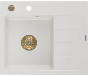 Mexen Ben chiuvetă de granit cu 1 cuvă și scurgător, stânga 600 x 500 mm, albă, sifon auriu - 6522605000-20-G