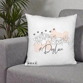 Perna Personalizata Dog Love Linie Minimalista, 40x40 cm, Alb Pufos, Husa Detasabila, Perna Inclusa, BEKZ®