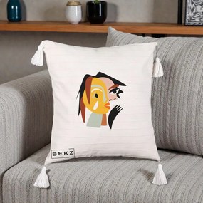 Perna Decorativa Portret Abstract Galben-Ocru, 40x40 cm, Bej cu Franjuri, Husa Detasabila, Perna Inclusa, BEKZ®