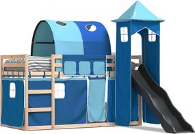 vidaXL Pat supraetajat cu tobogan și perdele, albastru, 90x200 cm