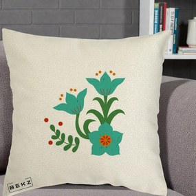 Perna Decorativa Flori Stilizate Folk Turcoaz, 40x40 cm, Ecru, Husa Detasabila, Perna Inclusa, BEKZ®