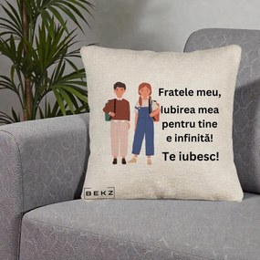 Cadou pentru Frate - Perna Personalizata Fratele Meu Te Iubesc Elevi Ilustratie Colorata, 40x40 cm, Bej Canapea, Husa Detasabila, Perna Inclusa, BEKZ®