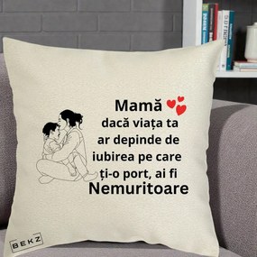 Cadou pentru Mama - Perna Personalizata Mama Nemuritoare Kawaii, 40x40 cm, Ecru, Husa Detasabila, Perna Inclusa, BEKZ®