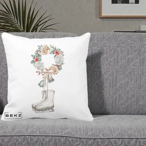 Perna Decorativa Patine cu Coroana Florala de Craciun, 40x40 cm, Alba Mata, Husa Detasabila, Perna Inclusa, BEKZ®