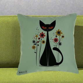 Perna Decorativa Pisica Neagra Ochi Rosii Flori, 40x40 cm, Verde, Husa Detasabila, Perna Inclusa, BEKZ®