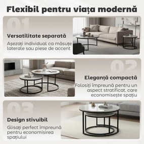 HOMCOM Set 2 Masute de Cafea care se Suprapun, Masute pentru Salon Rotunde din Metal si MDF Efect Marmura, Gri si Negru