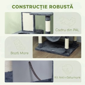 PawHut Ansamblu de Cățărat pentru Pisici, 206 cm, cu Stâlpi din Sisal, Căsuțe și Hamace, Gri Închis | Aosom Romania