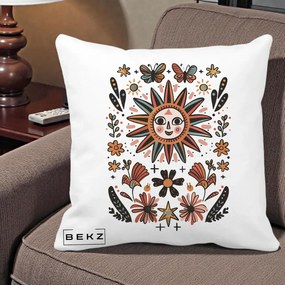 Perna Decorativa Soare Boho Folk Fluturi, 40x40 cm, Alba Mata, Husa Detasabila, Perna Inclusa, BEKZ®