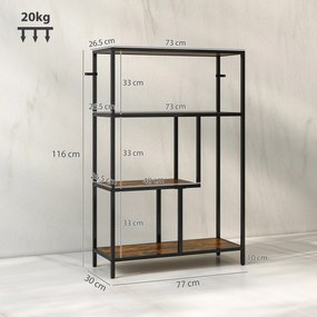 HOMCOM Bibliotecă cu 4 Rafturi, Stil Industrial, Lemn și Metal, 77x30x116cm, Maro | Aosom Romania