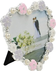 Ramă Foto Inimă AZAY cu Flori și Perle, 10x10 cm, Ramă Foto Romantică Decorativă, Cadou Nuntă / Aniversare, Cutie Cadou Inclusă