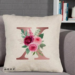 Cadou Personalizat - Perna Personalizata Monograma Rose Gold Litera X, 40x40 cm, Bej Canapea, Husa Detasabila, Perna Inclusa, BEKZ®