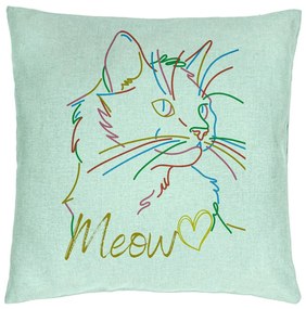 Perna Decorativa, Model Pisica Meow, 40x40 cm, Verde Menta, Husa Detasabila, Burduf