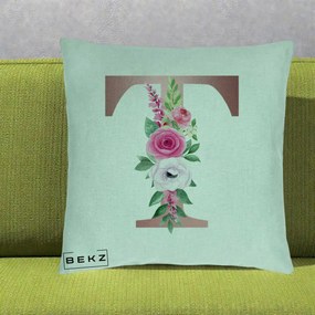 Cadou Personalizat - Perna Personalizata Monograma Rose Gold Litera T, 40x40 cm, Verde Menta, Husa Detasabila, Perna Inclusa, BEKZ®
