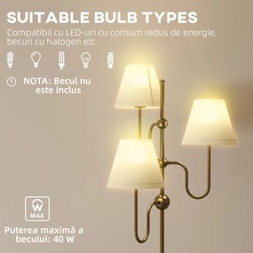 HOMCOM Lampadar de Podea cu 3 Puncte de Lumină și Întrerupător cu Pedală, Soclu E27, Auriu | Aosom Romania