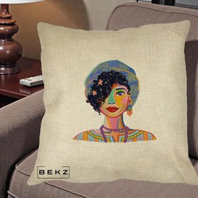 Perna Decorativa Portret Femeie Etnic Colorat, 40x40 cm, Crem, Husa Detasabila, Perna Inclusa, BEKZ®