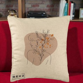 Perna Decorativa Femeie cu Flori Line Art Boho, 40x40 cm, Bej, Husa Detasabila, Perna Inclusa, BEKZ®