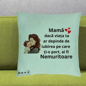Cadou pentru Mama - Perna Personalizata Mama Nemuritoare cu Bebelus Lineart, 40x40 cm, Verde Menta, Husa Detasabila, Perna Inclusa, BEKZ®