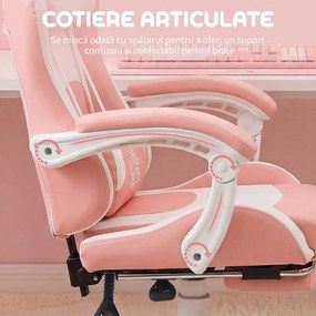 HOMCOM Scaun de Gaming Ergonomic cu Urechi de Pisică, Suport pentru Picioare și Suport Lombar, 65x62x116-124 cm, Roz | Aosom Romania