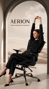 AERION – Scaun ergonomic, spătar ergonomic segmentat, suport lombar 3D, tetieră reglabilă, cotiere 3D, suport pentru picioare, înclinare până la 145°, bază metalică, Mesh, Negru