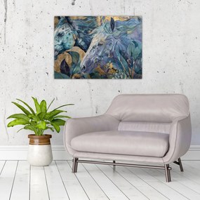 Tablou pe sticlă - Cai cu fundal auriu (70x50 cm)