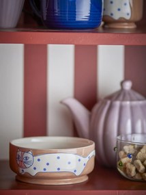 Set 4 boluri din ceramică artizanală, multicolor, pictate manual cu pisici și buline, 14,5x6 cm, 715 ml, „Missy"