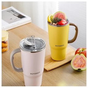 Pahar termo cu pai incorporat Buydeem DS57-MY, 700 ml, Cald/rece pana la 6 ore, Vid, Maner, Otel inoxidabil, Fara BPA, Galben
