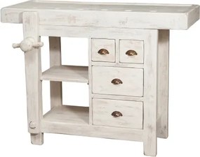 Banc de tamplar, L116 63 H90 cm, 4 sertare, alb antic, lemn masiv