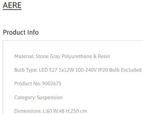 Lustra suspendata design modern, Stone Gray, AERE, L 60cm