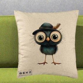 Perna Decorativa Pui Misterios cu Palarie Neagra, 40x40 cm, Bej, Husa Detasabila, Perna Inclusa, BEKZ®