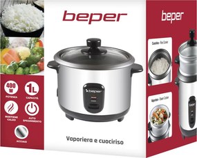Aparat pentru gătit orez Beper 90.550, 400 W, 1 l, până la 625 g de orez, menținere a căldurii, oțel inoxidabil