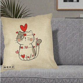 Perna Decorativa Pisica Kawaii cu Inimi, 40x40 cm, Crem, Husa Detasabila, Perna Inclusa, BEKZ®
