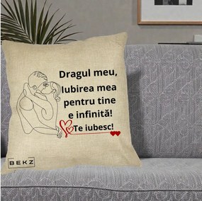 Cadou pentru Iubit - Perna Personalizata Dragul Meu Iubirea Mea pentru Tine e Infinita Te Iubesc, 40x40 cm, Crem, Husa Detasabila, Perna Inclusa, BEKZ®