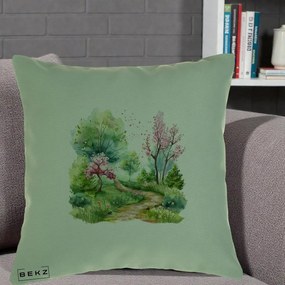 Perna Decorativa Gradina Primavara Acuarela, 40x40 cm, Verde, Husa Detasabila, Perna Inclusa, BEKZ®
