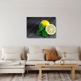 Tablou pe sticlă cu lămâie și mentă pe masă (70x50 cm)