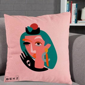 Perna Decorativa Portret Abstract Matisse Turcoaz, 40x40 cm, Roz, Husa Detasabila, Perna Inclusa, BEKZ®